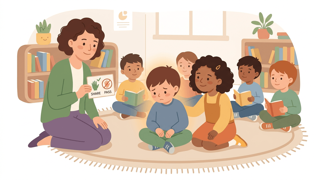 A shy boy sits in a circle while a classmate and teacher offer gentle, non-pressuring support with visual choice cues.