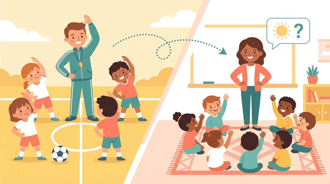 Coach leads kids in stretches while teacher facilitates a morning meeting, linking physical warm-ups to classroom engagement.