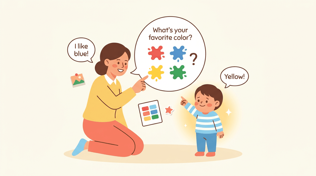 Teacher models picking a color while a shy child proudly points to yellow.