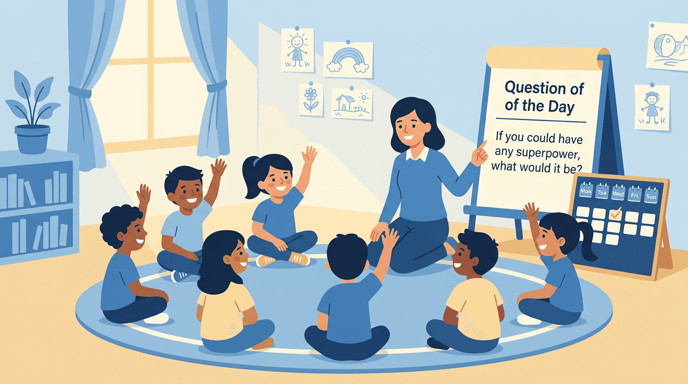 Diverse students sit in a circle for morning meeting while the teacher points to a "Question of the Day" chart.