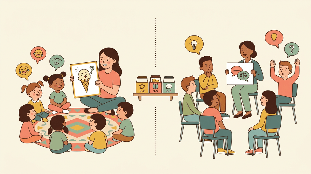 Split illustration showing a kindergarten morning circle with playful questions and a middle school debate circle, separated by labeled resource boxes.