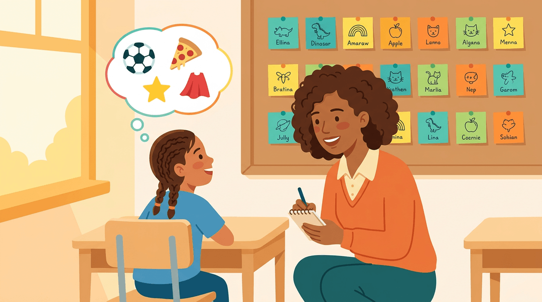 Teacher kneels by a student's desk, noting their interests like soccer and pizza in a warm, back-to-school classroom.