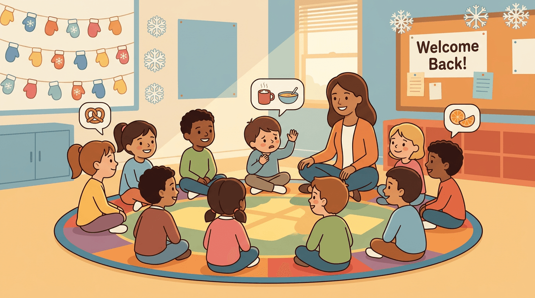 Diverse second graders and their teacher sit on a rug in a winter classroom; one shy child raises a hand to share about hot cocoa while others listen warmly.