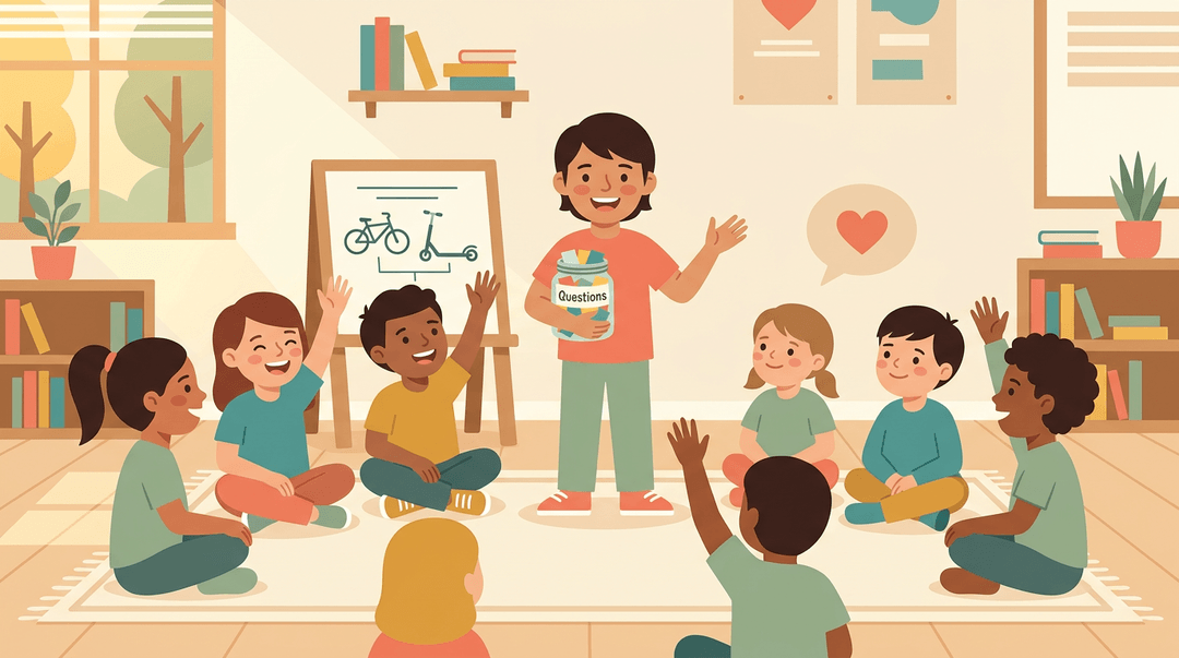 Students sit in a circle for morning meeting while one holds a question jar, with a bike and scooter on a board nearby.