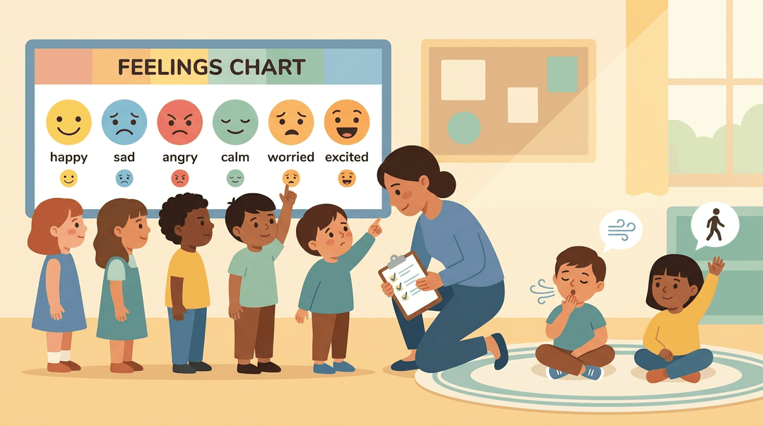Teacher supports a worried student during morning check-in while others practice calming strategies in a warm classroom.