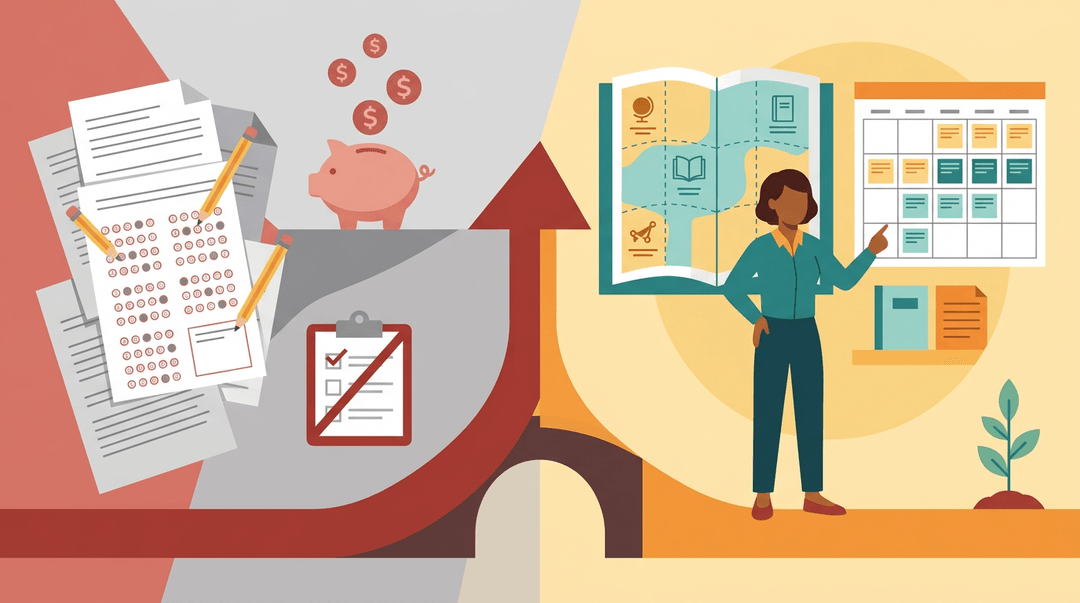 A split image contrasting the chaos of standardized testing with a teacher calmly planning lessons for student growth.