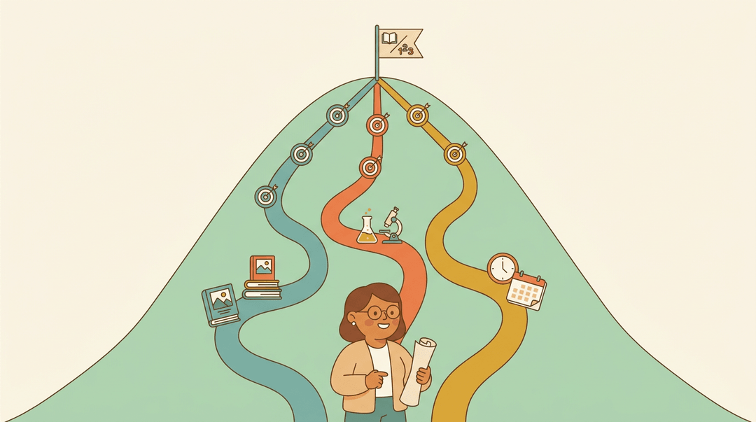 A teacher at the base of a hill with three paths leading to a flag representing ELA and math goals.