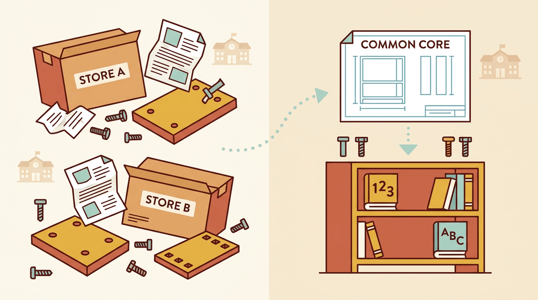 A chaotic assembly of furniture parts transforms into an organized bookshelf labeled