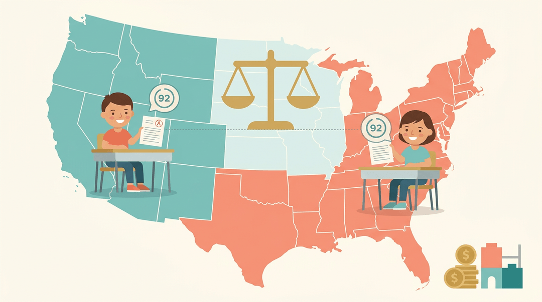 A map of the US split into two groups of states, with a student in each, shows test equality via a level scale.