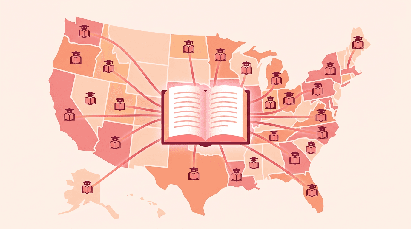 A minimalist map of the US shows a glowing open book at the center, with lines connecting it to several states.