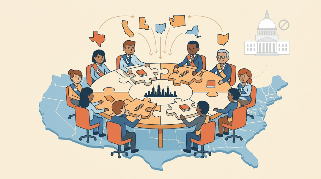 Diverse state officials collaborate around a puzzle-piece table on a US map, symbolizing bottom-up educational teamwork.