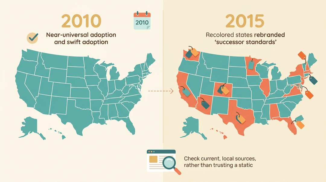 A two-panel map of the US shows educational standards: teal states in 2010; 7 coral 'successor standard' states in 2015.