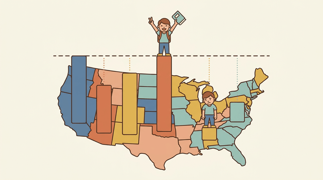 A map of the US with bar graphs showing academic rigor and two students, one triumphant and one dejected.