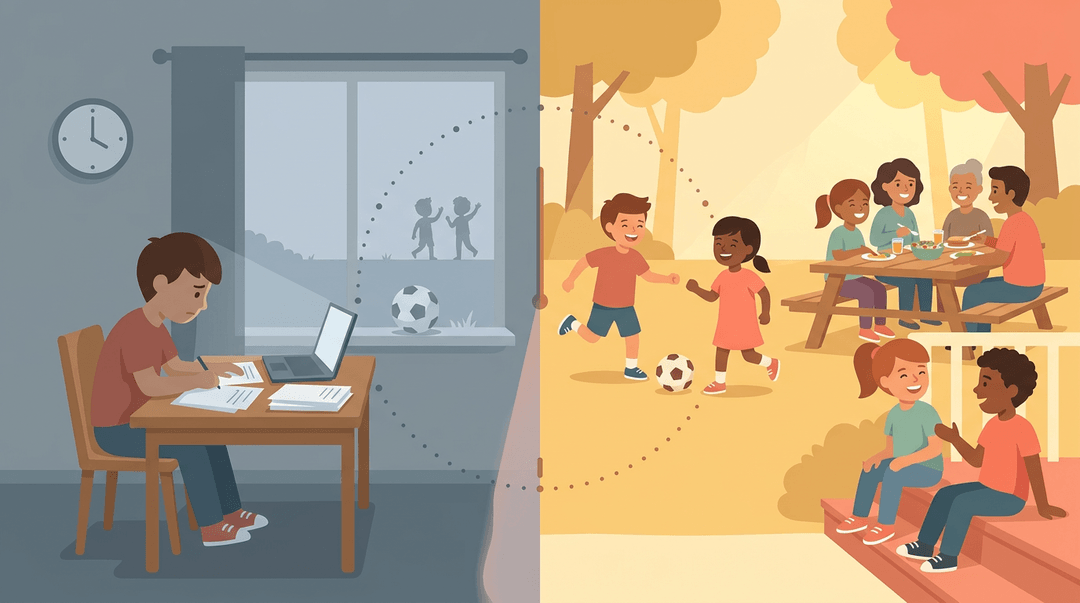 Split scene showing a lonely student studying indoors versus friends playing outside, highlighting the choice between isolation and social connection.