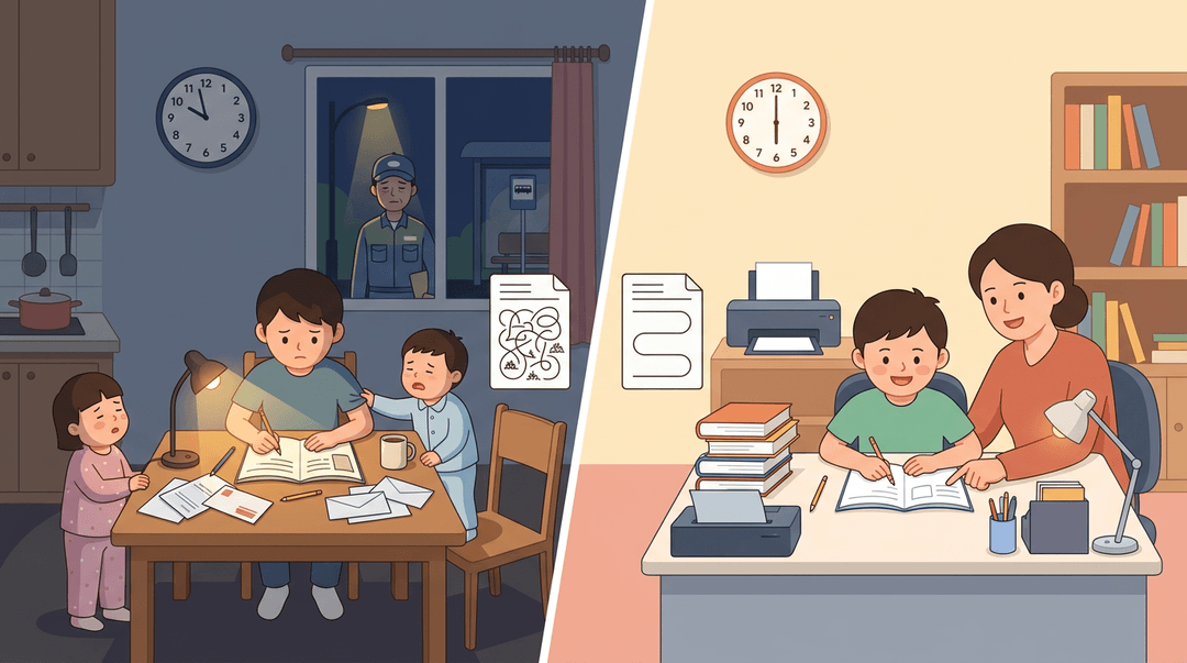A split illustration contrasting a lonely child struggling with homework amidst bills and a tired parent, versus a supported child studying calmly with parental help.