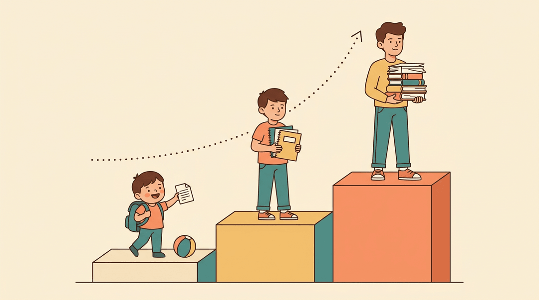 Three students on rising steps show homework load increasing with age, from minimal playtime in childhood to thick stacks of books in high school.