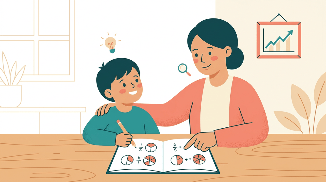 Parent guides child through fraction homework at a kitchen table, symbolizing supportive learning and early intervention.