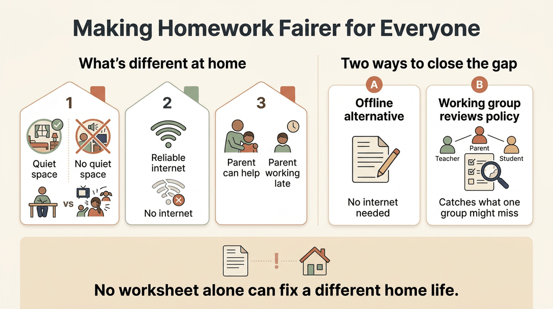 Infographic comparing home study conditions and solutions like offline work to address educational inequality.