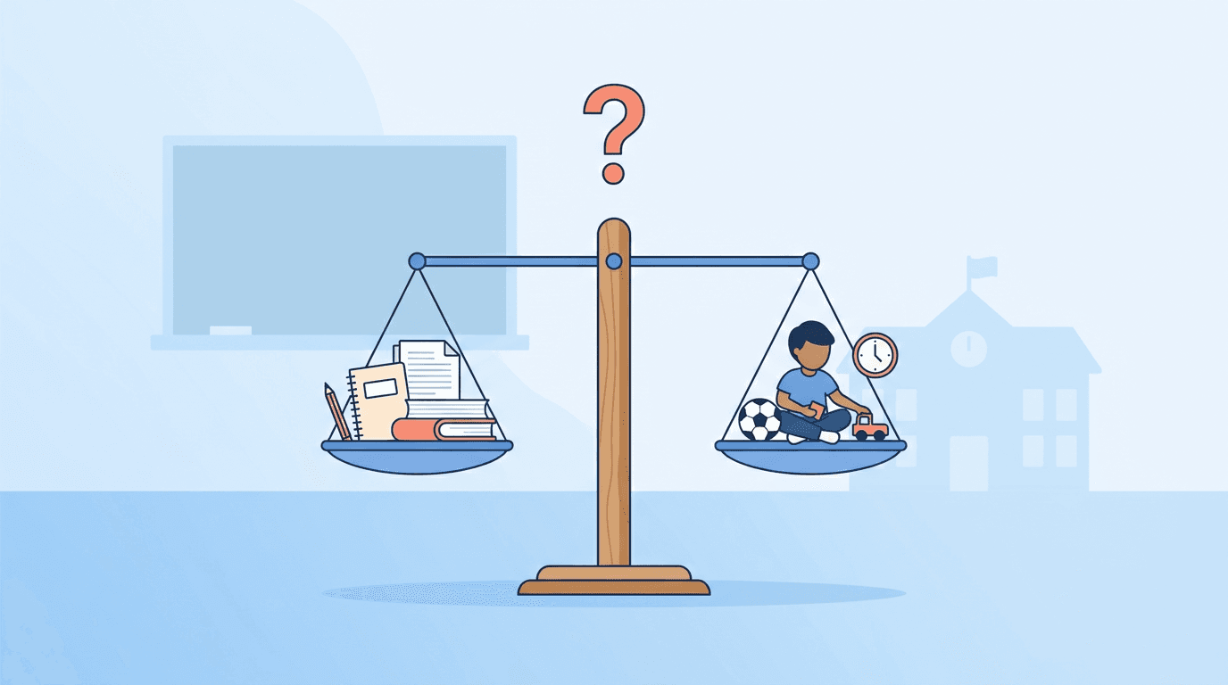 A balanced scale weighs school supplies against a child playing, symbolizing the debate between academics and recess.