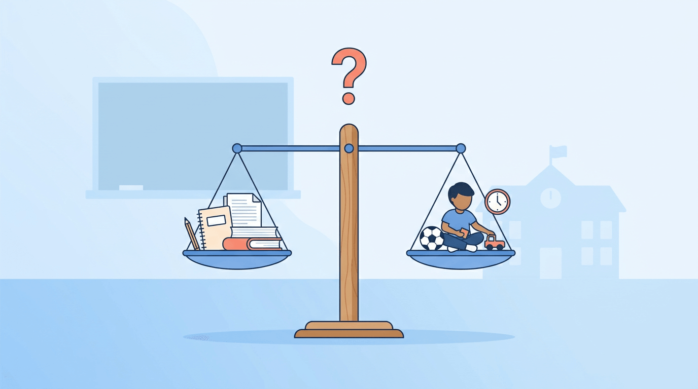 A balanced scale weighs school supplies against a child playing, symbolizing the debate between academics and recess.