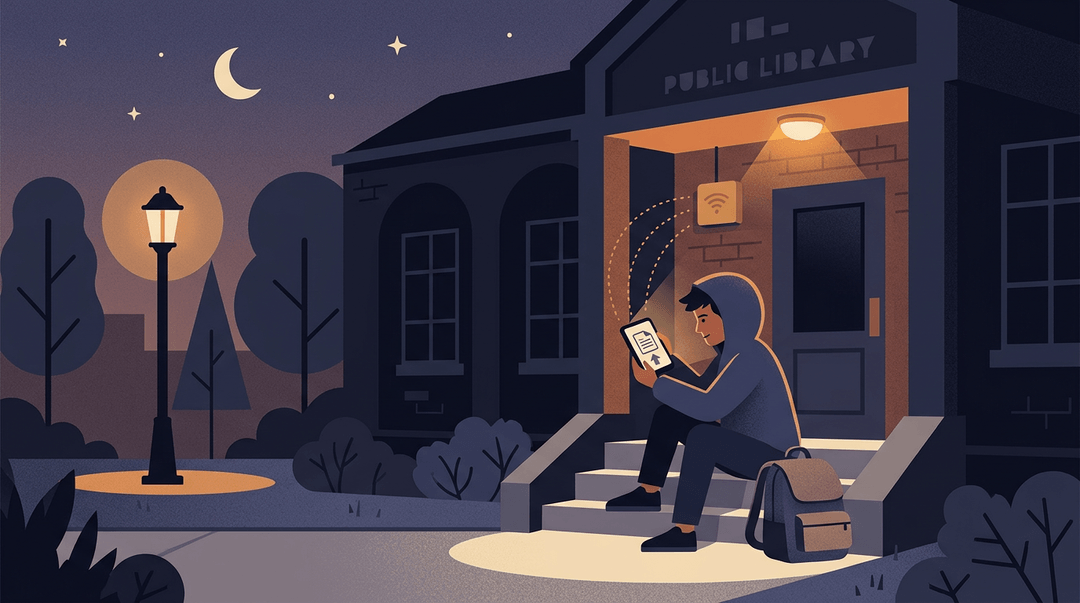 A teen sits on library steps at night, using their phone to submit homework via the building's outdoor WiFi signal.