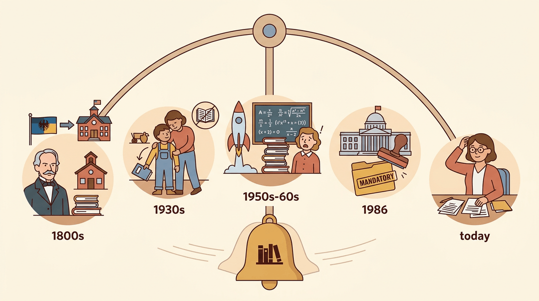 An infographic timeline shaped like a pendulum arc shows five eras of homework history, from the 1800s to today.