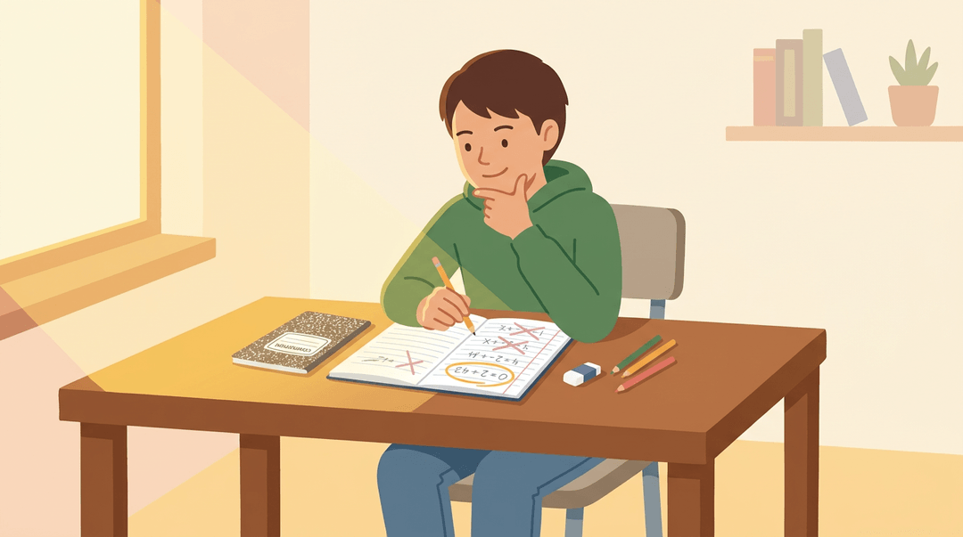 A student solves a word problem independently, circling the correct answer after crossing out failed attempts, bathed in warm sunlight.