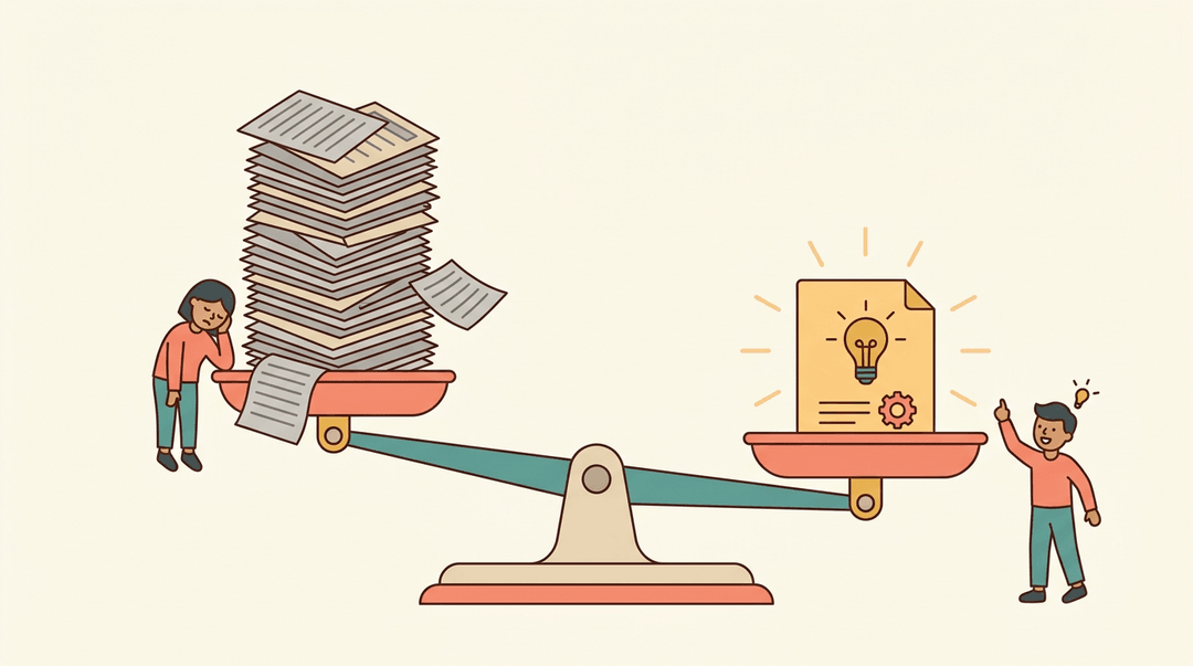 A balance scale tips toward one glowing idea sheet over a heavy stack of busywork, showing quality beats quantity.