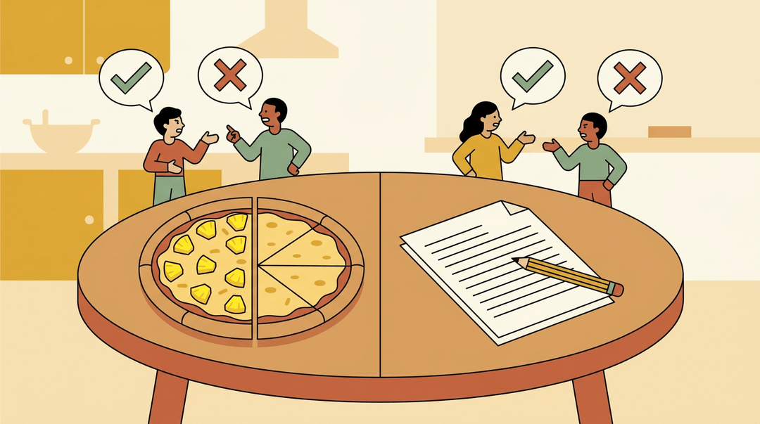 Two pairs of people argue over pineapple on pizza and a homework worksheet, showing parallel disputes with checkmarks and Xs.