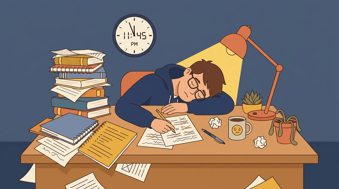 A tired teen slumps over a cluttered desk late at night, surrounded by books and a wilted plant.