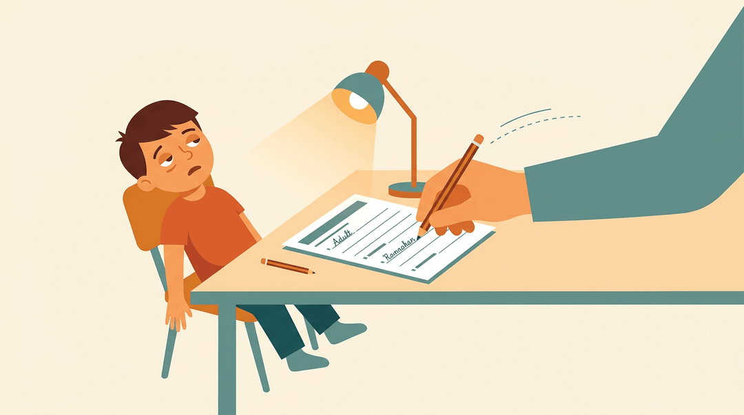 A parent's hand writes on a child's homework while the exhausted child watches.