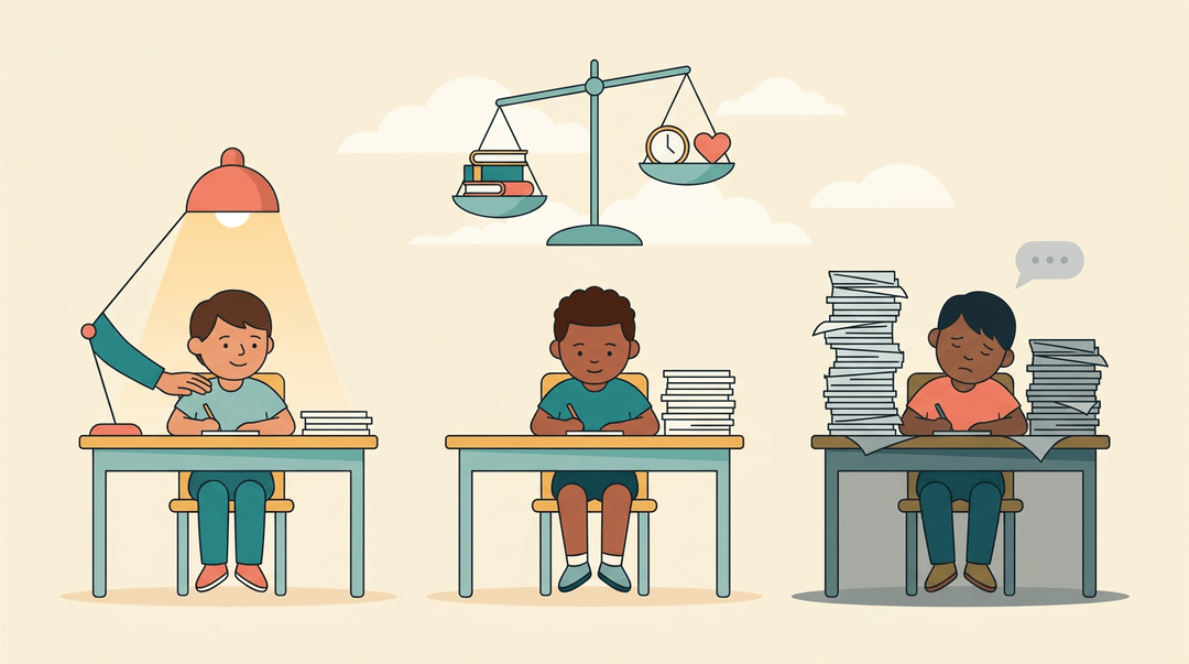 Three students at desks showing unequal homework loads and support, with a tilted balance scale symbolizing educational inequity.