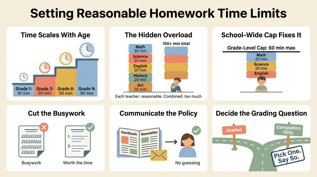Infographic on homework time limits showing age-based scales, overload risks, caps, busywork reduction, communication, and grading policies.