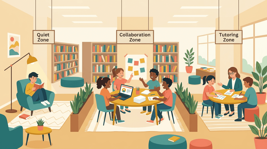 A library learning commons features quiet reading, student collaboration, and tutoring zones separated by plants.