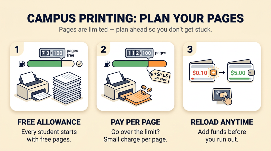 An infographic explains campus printing rules: free pages, paying per page after the limit, and reloading funds anytime.