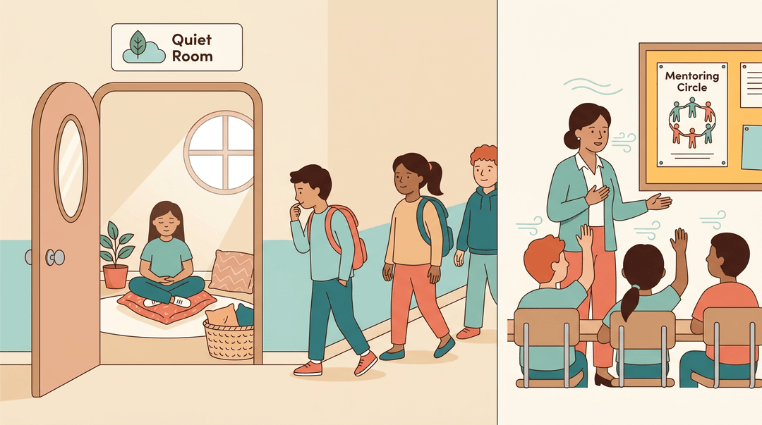 A student rests in a quiet room while a teacher guides breathing exercises nearby, symbolizing school wellness and connection.
