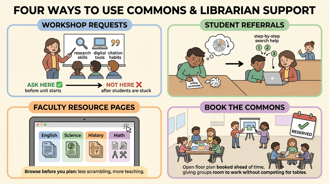 An infographic showing four ways teachers can use library support: workshop requests, student referrals, resource pages, and booking the commons.