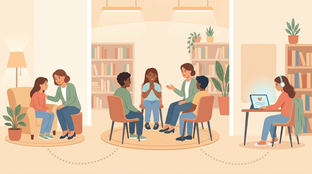 A school commons with three zones: a private counseling nook, a group support circle, and a quiet study alcove with headphones.