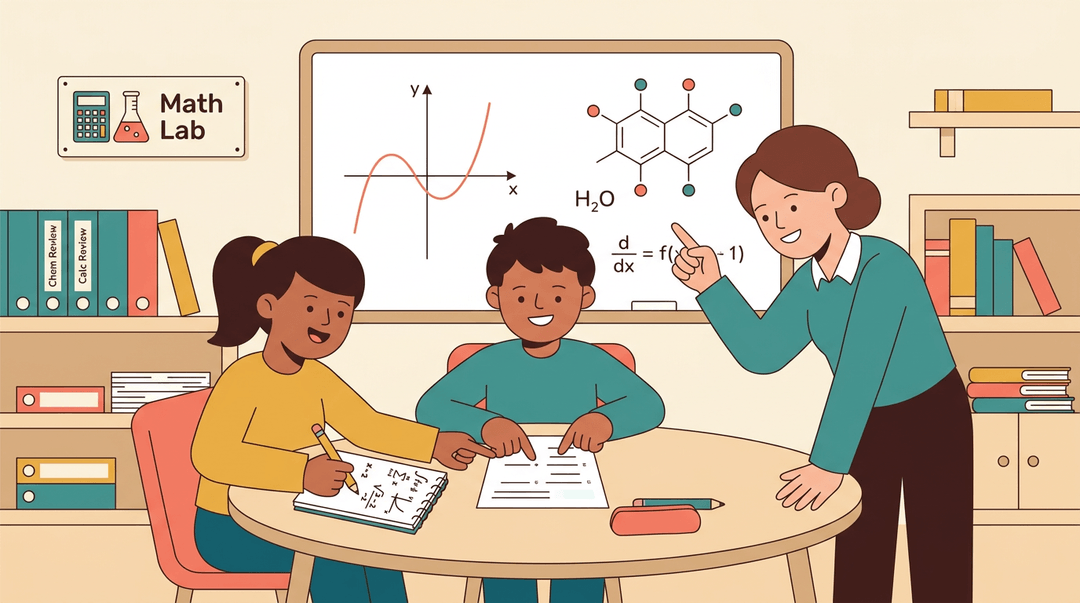 Diverse students collaborate on math and science problems with a tutor in a cozy school help center.