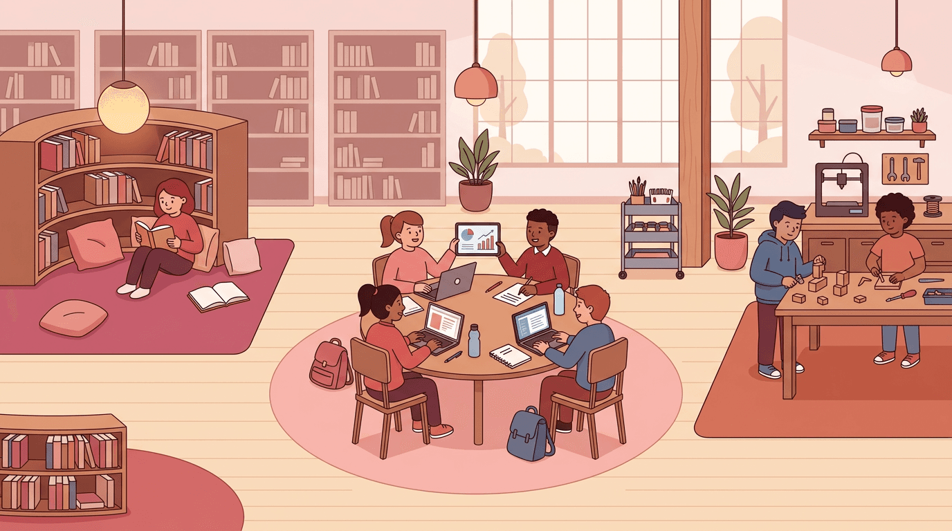 A flat illustration of a school learning commons with pink zones for reading, collaborative work on laptops, and a maker station.
