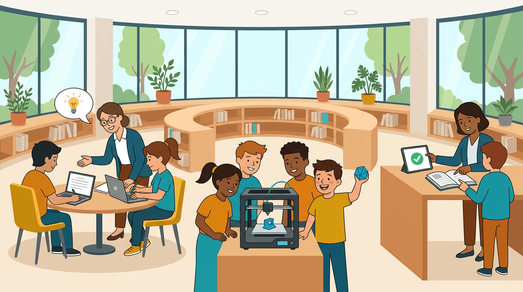 Students collaborate in a modern library with laptops, 3D printing, and research help.