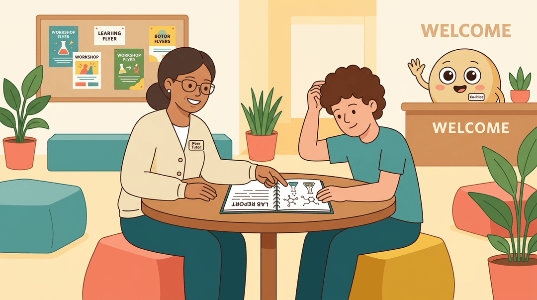 A peer tutor helps a student with science notes in a cozy learning commons while a friendly mascot waves nearby.