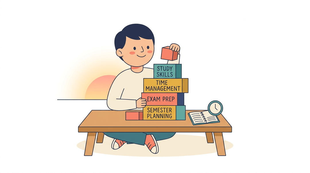 A student builds a block tower labeled with study skills like time management and exam prep, symbolizing organized learning growth.