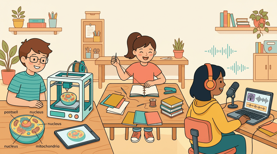 Students engage in a makerspace with 3D printing, bookbinding, and podcasting activities.