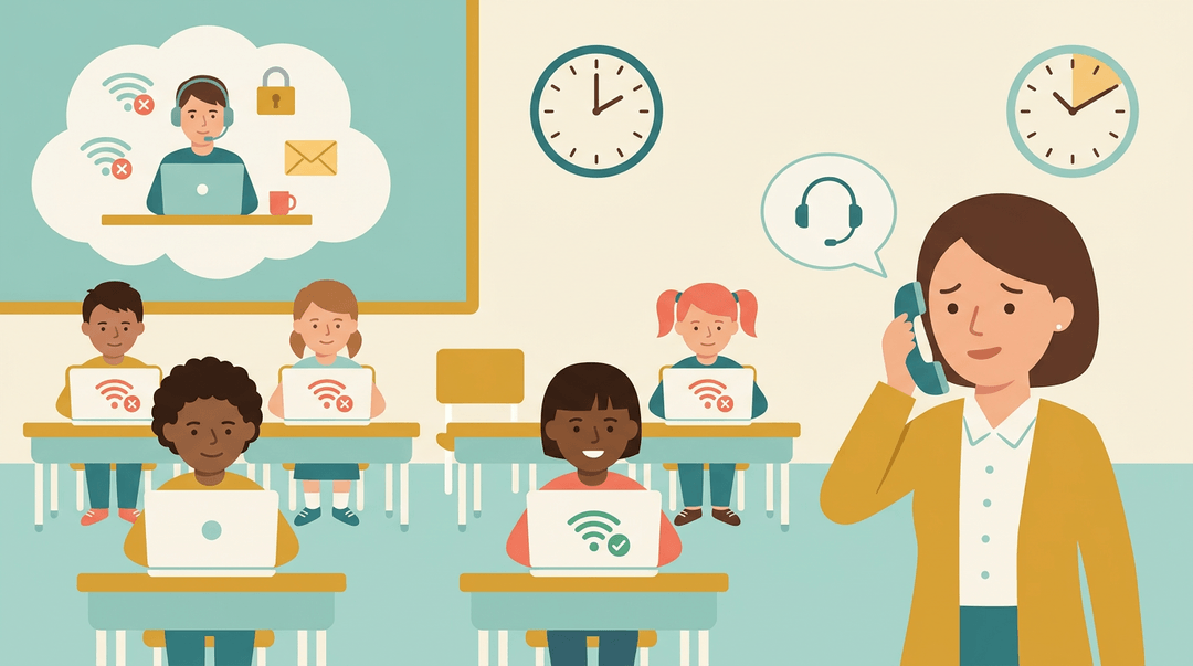 Teacher on the phone fixes Wi-Fi for students while remote IT support assists.