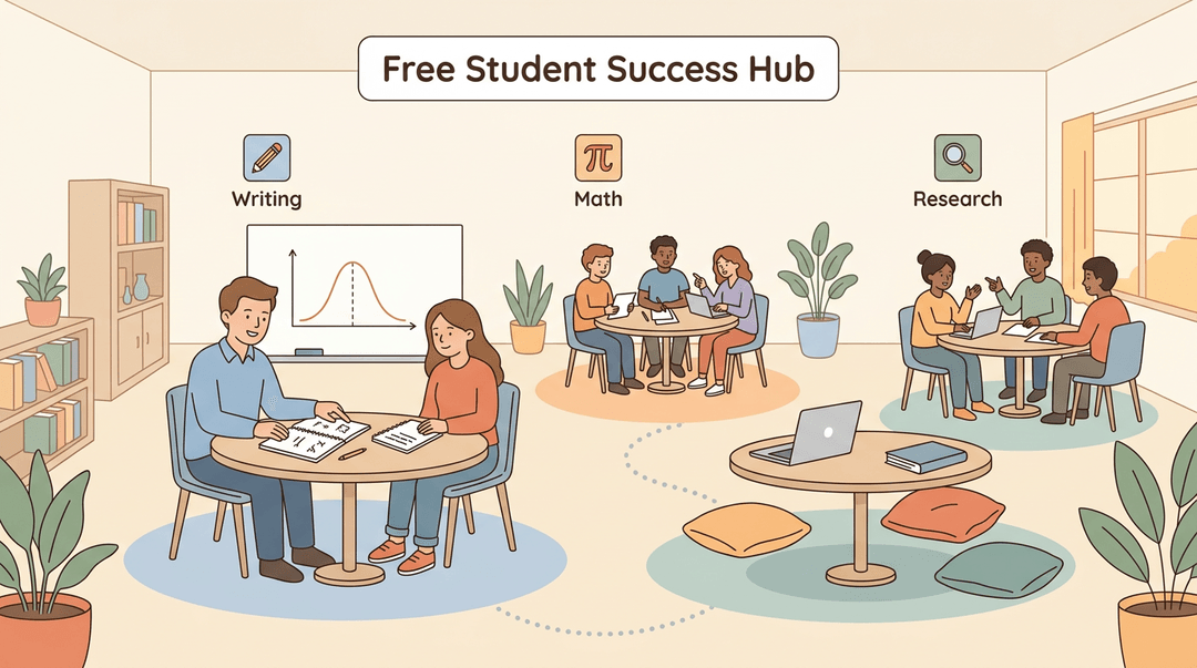 A bright, open student success hub with writing, math, and research zones where a tutor helps a student at a table while others collaborate nearby.