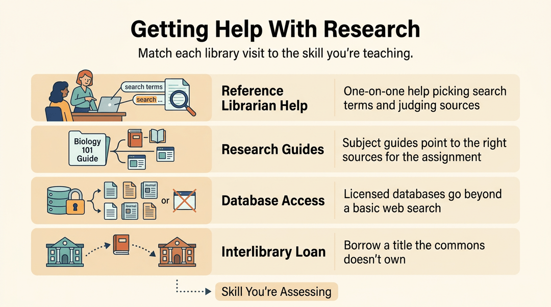 Infographic showing four librarian support types: reference help, research guides, database access, and interlibrary loan.