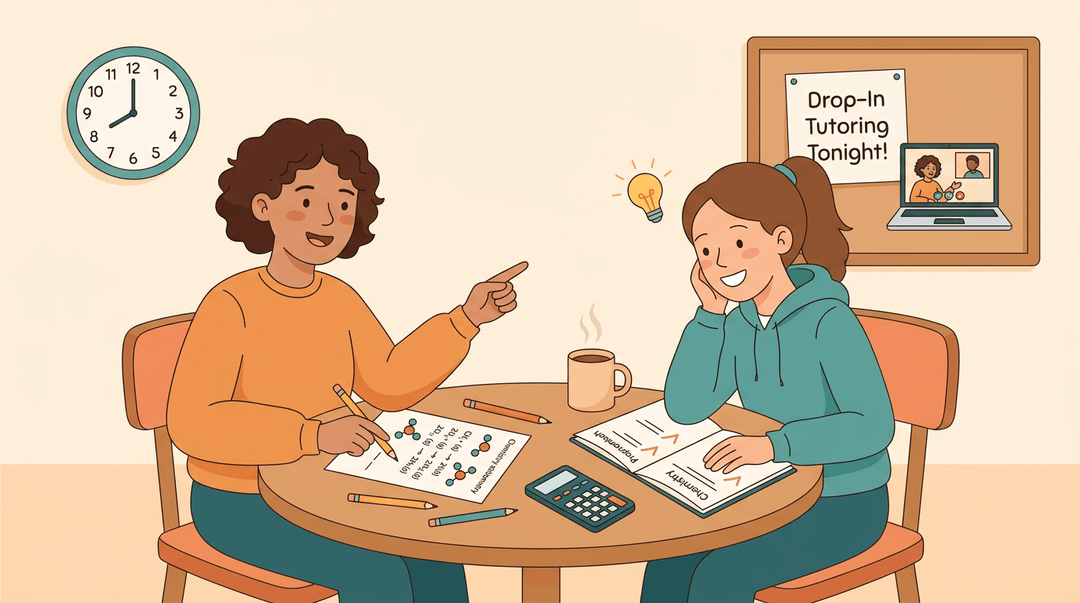 A peer tutor helps a student with chemistry equations at night, symbolizing clarity and support in person or online.