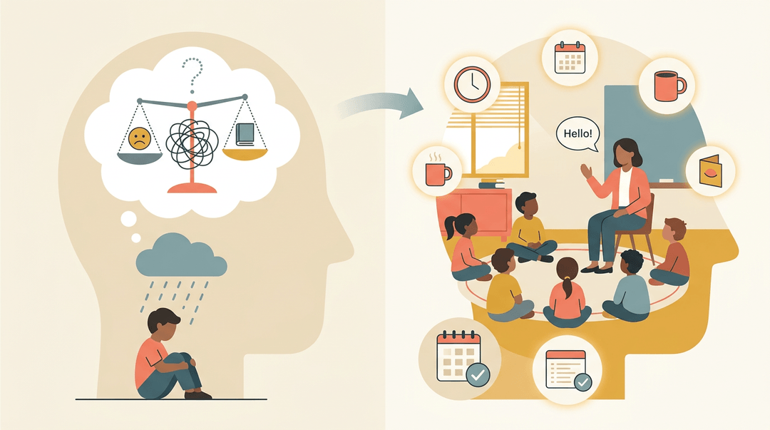 Split image contrasting confused thoughts with a calm classroom routine, showing how structured rituals bring clarity and reassurance to teachers.