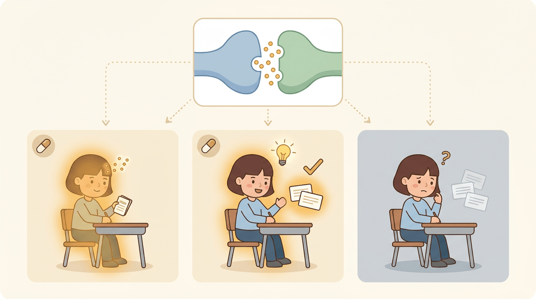 Synapse diagram above three panels showing a student recalling words easily with brain chemistry glow, struggling without it.
